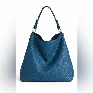 Lulu Dharma Teal Woven Vegan Leather Hobo Bucket Bag Magnet Closure